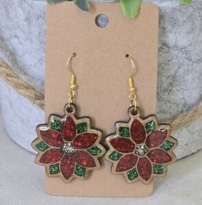 Handmade Resin Glitter Poinsetta Holiday Earrings